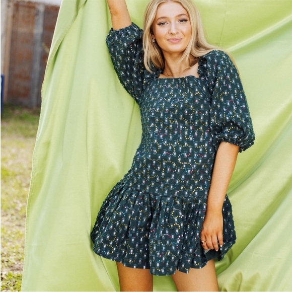 Queen of Sparkles Dark Green Denim Drop Waist Sequin Dress Size Large - Picture 11 of 16